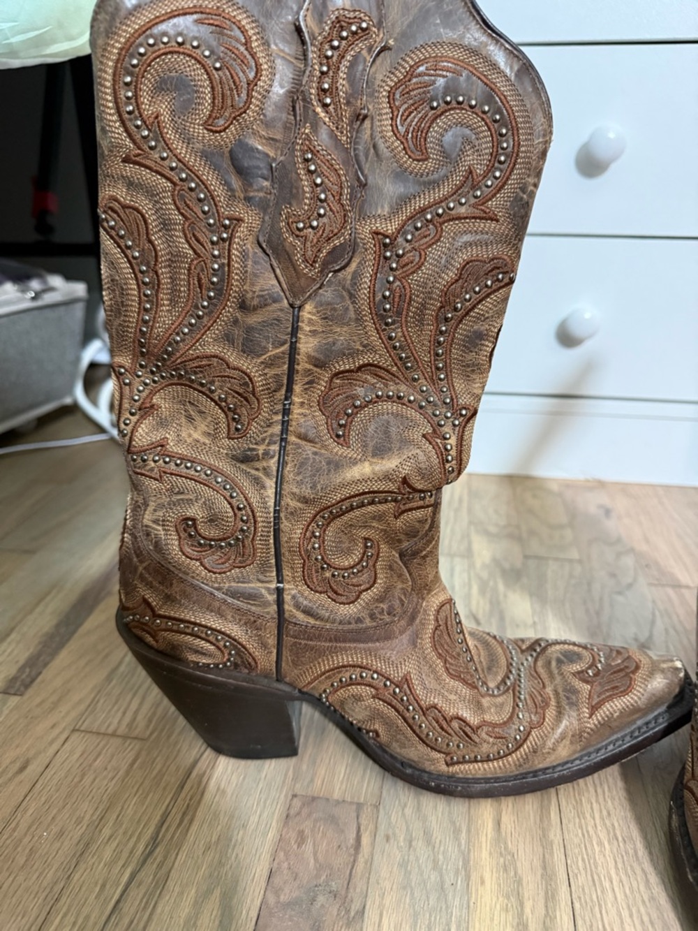Brown Embroidered Studded Western Heeled Boots